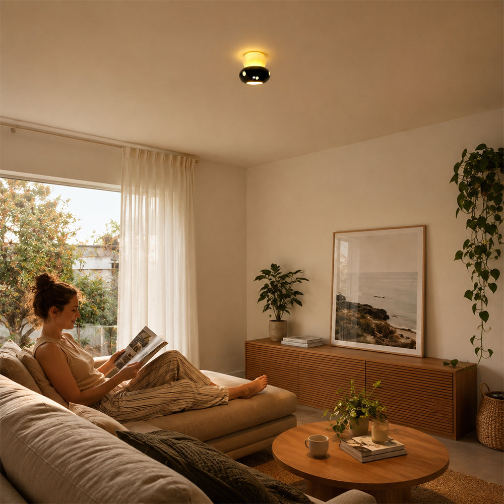 LIVARA Mushroom-Shaped LED Ceiling Light Wood Grain Flush Mount for Kids Room Bedroom & Hallway - Black