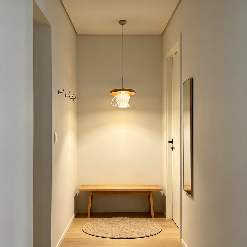 LIVARA Teacup-Shaped Ceramic Pendant Light Wood Accent Hanging Lamp for Dining Room Bedroom & Cafe - White & Natural Wood