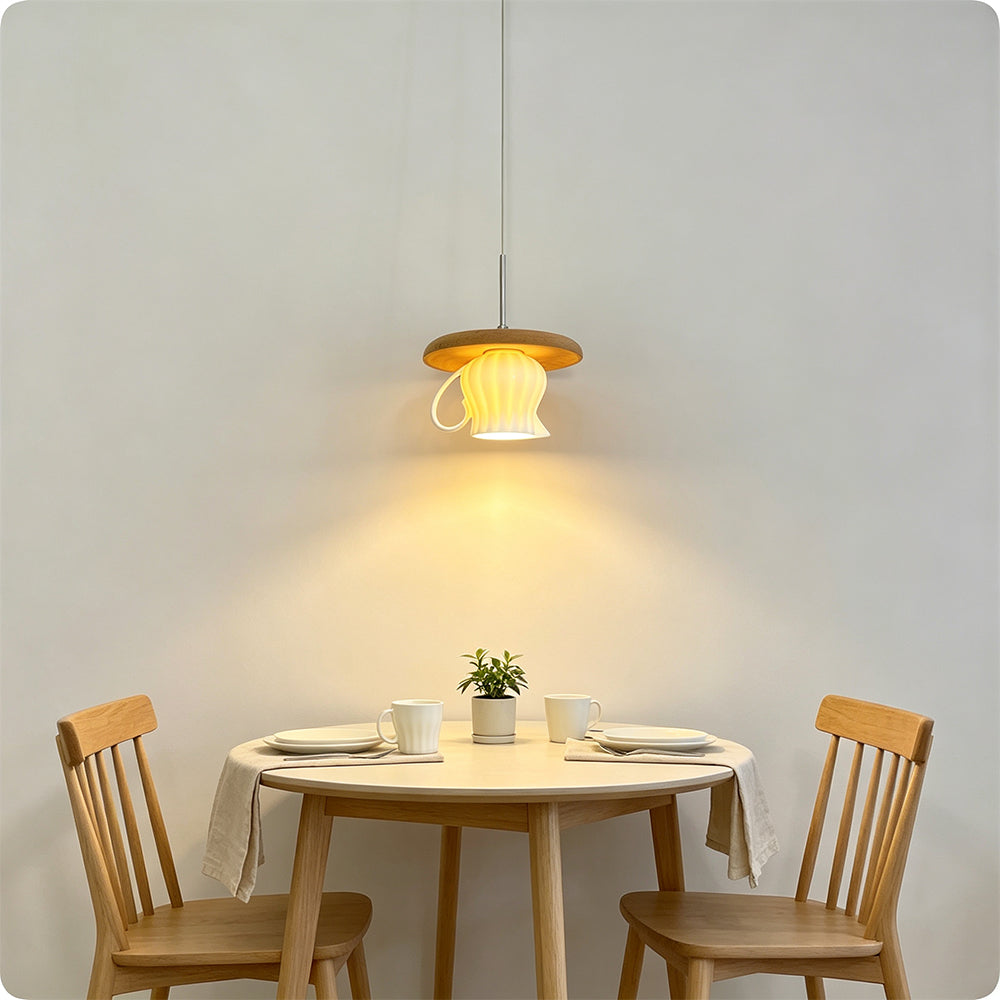 LIVARA Teacup-Shaped Ceramic Pendant Light Wood Accent Hanging Lamp for Dining Room Bedroom & Cafe - White & Natural Wood