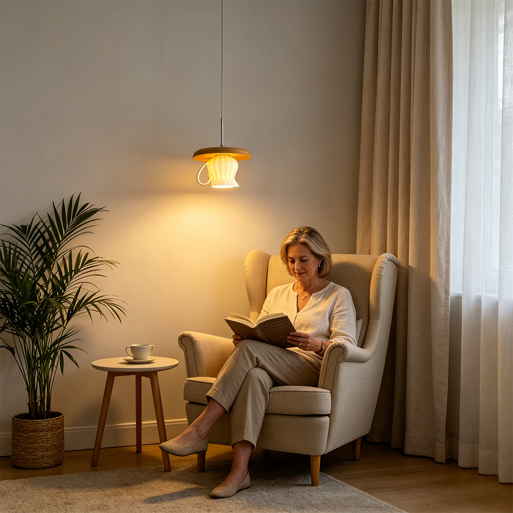 LIVARA Teacup-Shaped Ceramic Pendant Light Wood Accent Hanging Lamp for Dining Room Bedroom & Cafe - White & Natural Wood