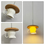 LIVARA Teacup-Shaped Ceramic Pendant Light Wood Accent Hanging Lamp for Dining Room Bedroom & Cafe - White & Natural Wood