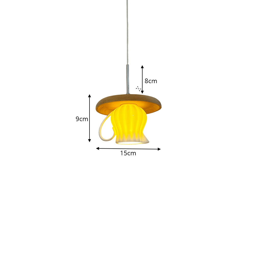 LIVARA Teacup-Shaped Ceramic Pendant Light Wood Accent Hanging Lamp for Dining Room Bedroom & Cafe - White & Natural Wood