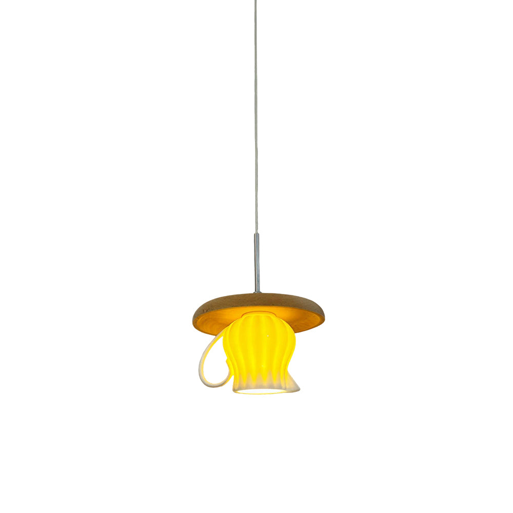 LIVARA Teacup-Shaped Ceramic Pendant Light Wood Accent Hanging Lamp for Dining Room Bedroom & Cafe - White & Natural Wood