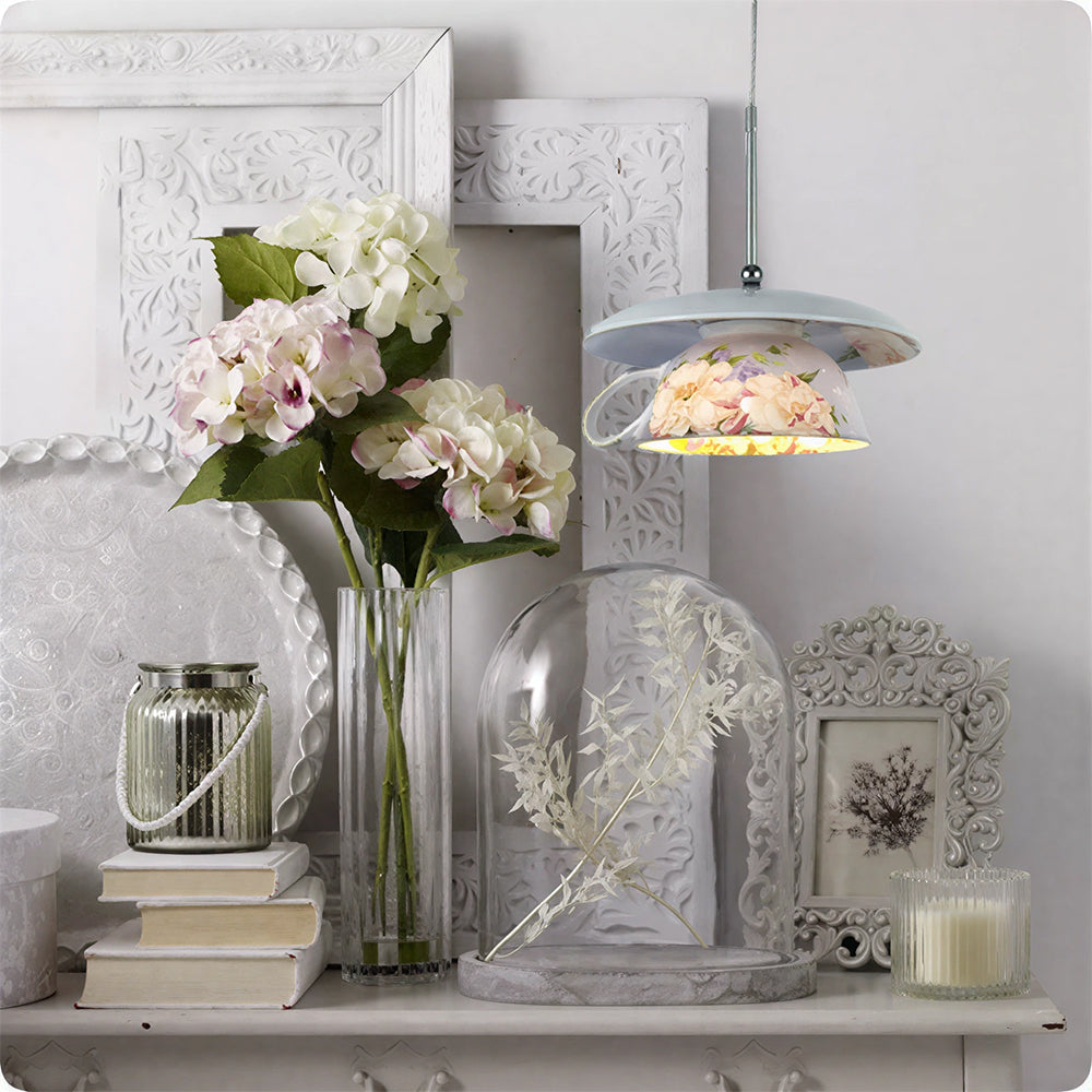 LIVARA Floral Teacup Ceramic Pendant Light Decorative Hanging Lamp for Dining Room Bedroom & Cafe - White & Multicolour