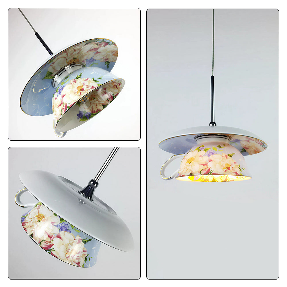 LIVARA Floral Teacup Ceramic Pendant Light Decorative Hanging Lamp for Dining Room Bedroom & Cafe - White & Multicolour