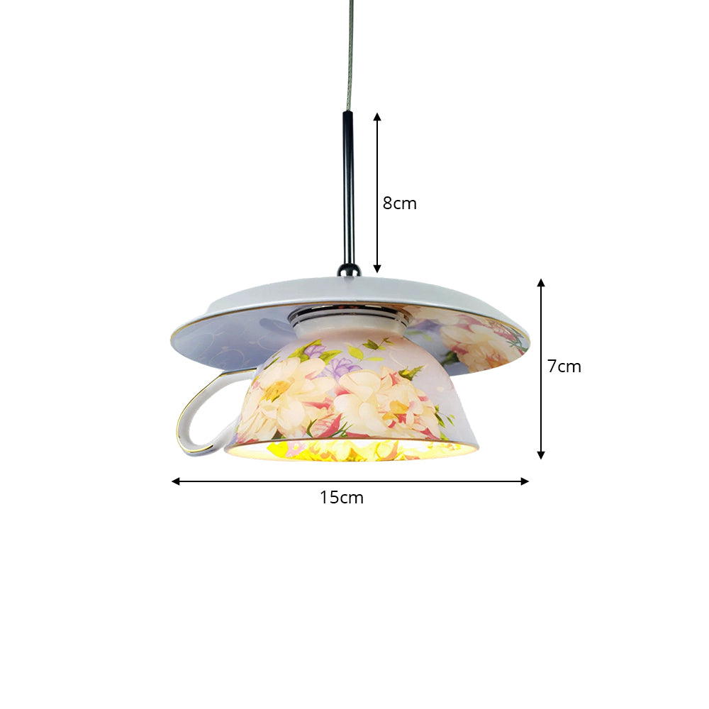 LIVARA Floral Teacup Ceramic Pendant Light Decorative Hanging Lamp for Dining Room Bedroom & Cafe - White & Multicolour