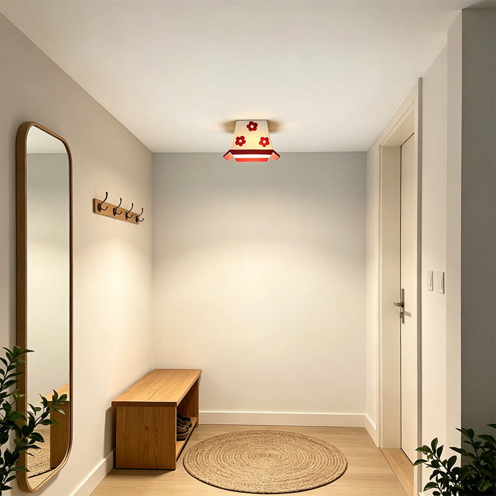 LIVARA Floral Ceramic LED Ceiling Light Compact Flush Mount for Kids Room Bedroom & Hallway - Cream & Red