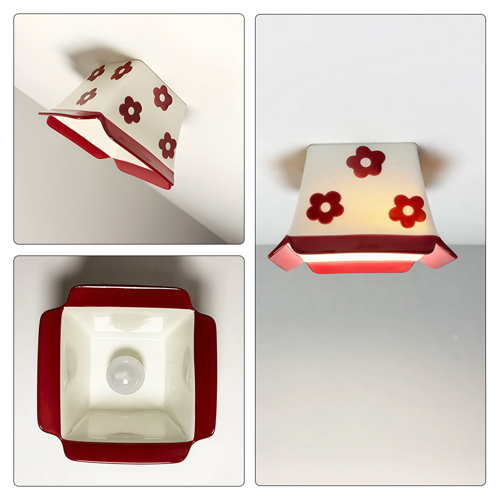 LIVARA Floral Ceramic LED Ceiling Light Compact Flush Mount for Kids Room Bedroom & Hallway - Cream & Red