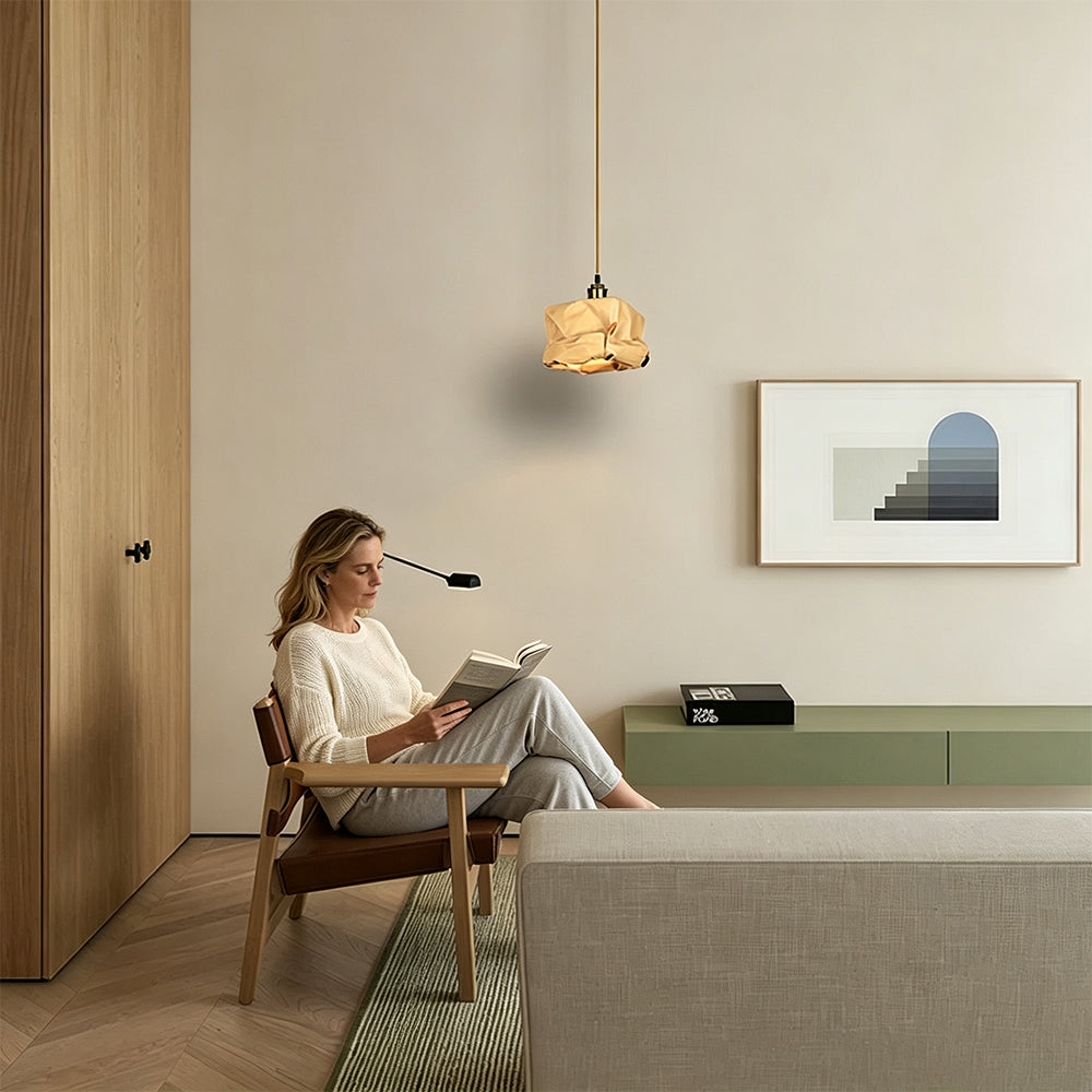 LIVARA Kraft Paper Single LED Pendant Light Rustic Decorative Hanging Lamp for Dining Room Bedroom & Cafe - Natural Brown