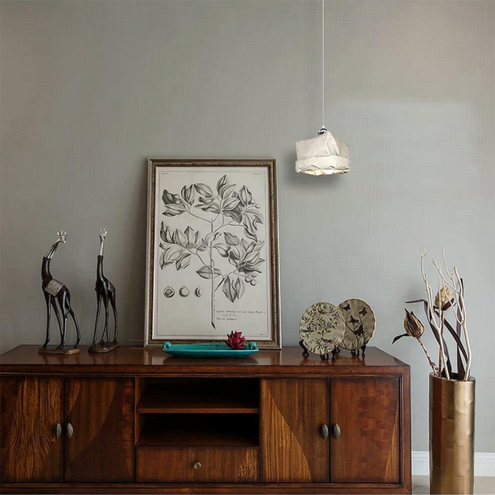 LIVARA Kraft Paper Single LED Pendant Light Rustic Decorative Hanging Lamp for Dining Room Bedroom & Cafe - Natural White