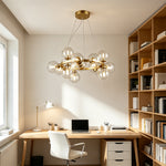 LIVARA Multi-Globe Glass Chandelier Circular Cluster Pendant Light for Living Room Dining Room & Stairwell - Brass & Clear