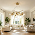 LIVARA Multi-Globe Glass Chandelier Circular Cluster Pendant Light for Living Room Dining Room & Stairwell - Brass & Clear