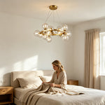 LIVARA Multi-Globe Glass Chandelier Circular Cluster Pendant Light for Living Room Dining Room & Stairwell - Brass & Clear