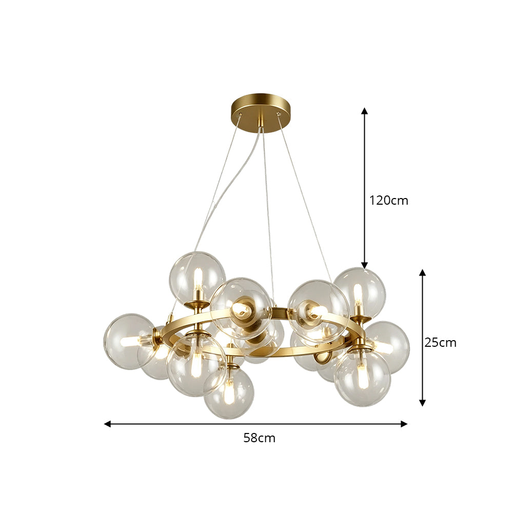 LIVARA Multi-Globe Glass Chandelier Circular Cluster Pendant Light for Living Room Dining Room & Stairwell - Brass & Clear
