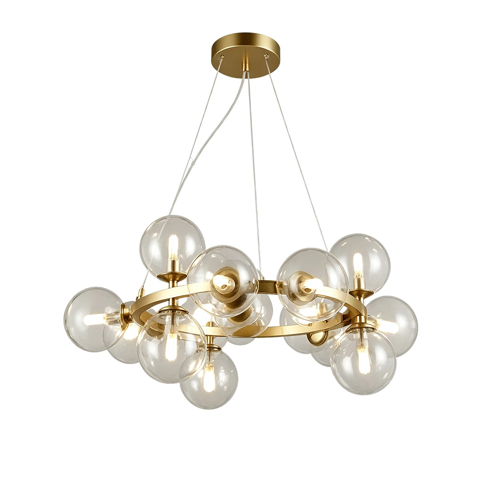 LIVARA Multi-Globe Glass Chandelier Circular Cluster Pendant Light for Living Room Dining Room & Stairwell - Brass & Clear