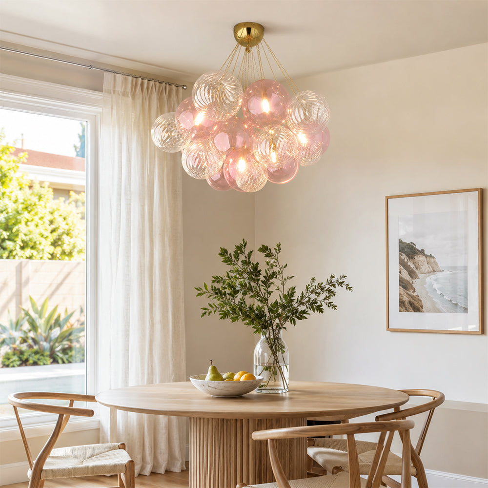 LIVARA 10-Light Bubble Glass Chandelier 65cm Adjustable Ceiling Light with 3-Colour Lighting for Living Room & Bedroom - Pearl Pink