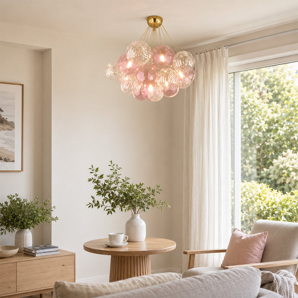 LIVARA 10-Light Bubble Glass Chandelier 65cm Adjustable Ceiling Light with 3-Colour Lighting for Living Room & Bedroom - Pearl Pink