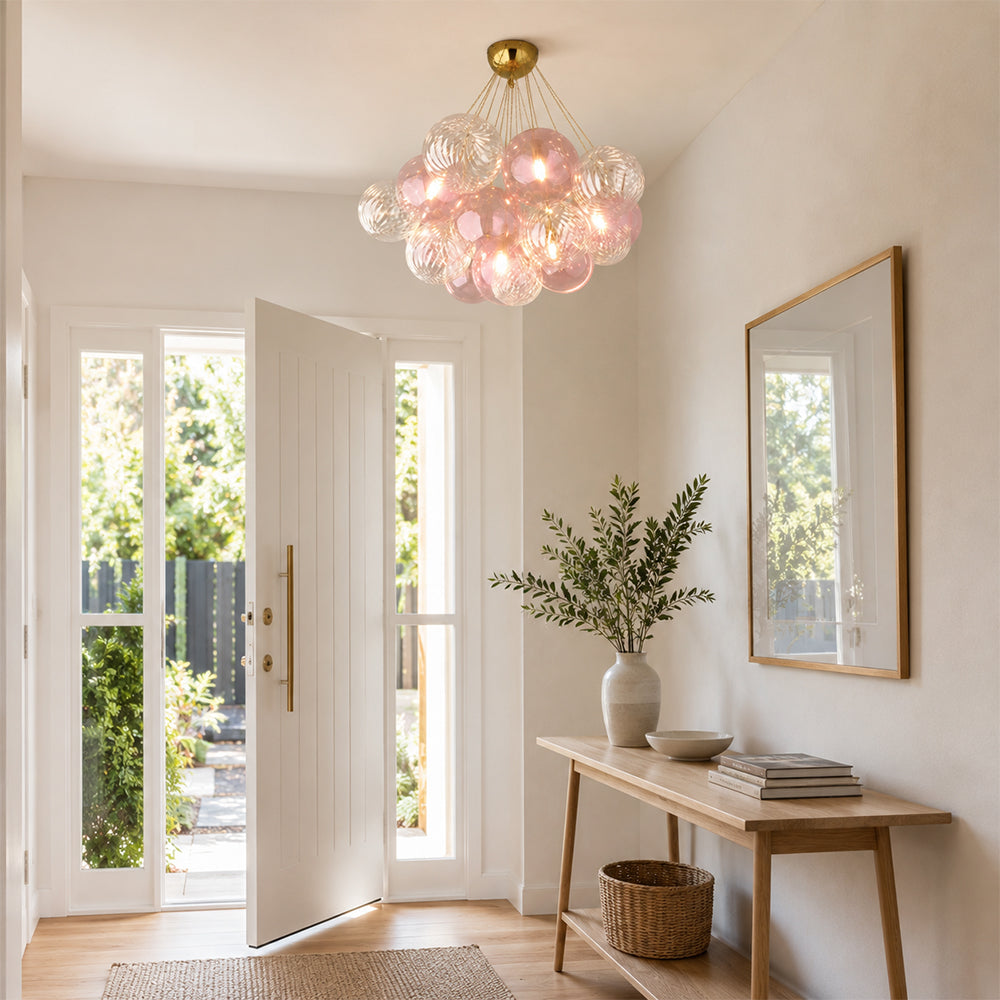 LIVARA 10-Light Bubble Glass Chandelier 65cm Adjustable Ceiling Light with 3-Colour Lighting for Living Room & Bedroom - Pearl Pink