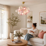 LIVARA 10-Light Bubble Glass Chandelier 65cm Adjustable Ceiling Light with 3-Colour Lighting for Living Room & Bedroom - Pearl Pink