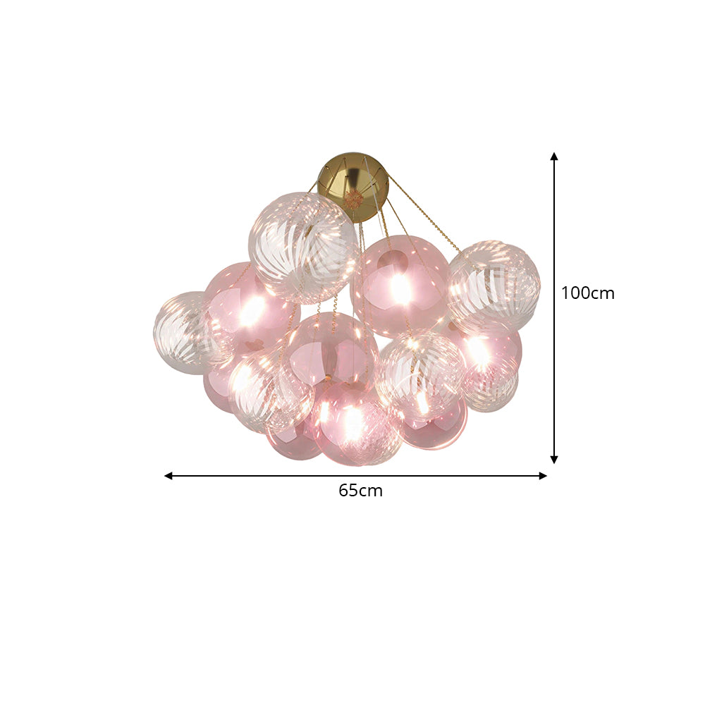 LIVARA 10-Light Bubble Glass Chandelier 65cm Adjustable Ceiling Light with 3-Colour Lighting for Living Room & Bedroom - Pearl Pink