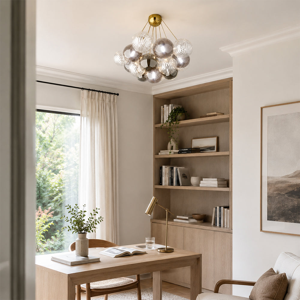 LIVARA 10-Light Bubble Glass Chandelier 65cm Adjustable Ceiling Light with 3-Colour Lighting for Living Room & Bedroom - Grey