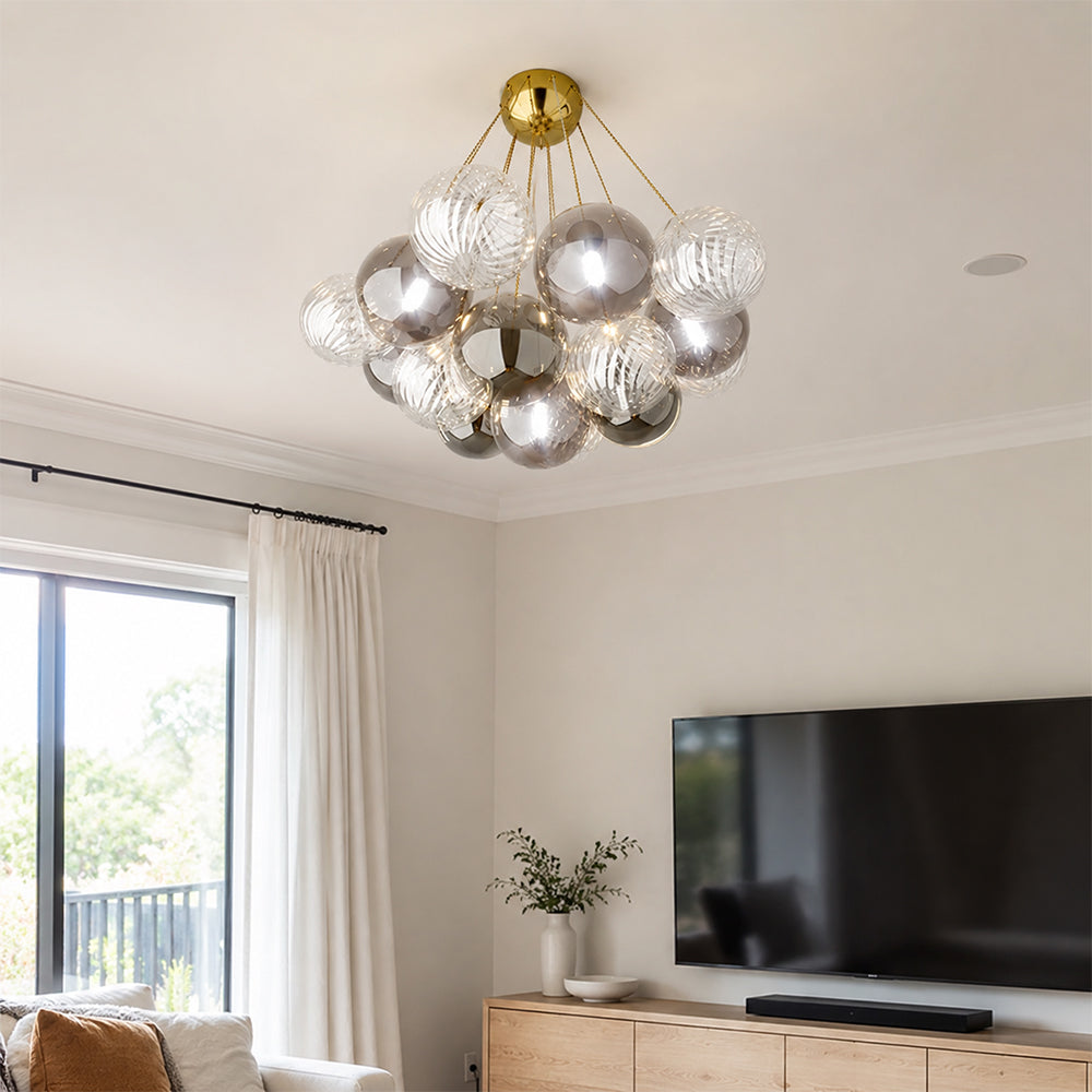 LIVARA 10-Light Bubble Glass Chandelier 65cm Adjustable Ceiling Light with 3-Colour Lighting for Living Room & Bedroom - Grey