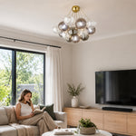 LIVARA 10-Light Bubble Glass Chandelier 65cm Adjustable Ceiling Light with 3-Colour Lighting for Living Room & Bedroom - Grey