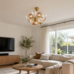 LIVARA 10-Light Bubble Glass Chandelier 65cm Adjustable Ceiling Light with 3-Colour Lighting for Living Room & Bedroom - Champagne