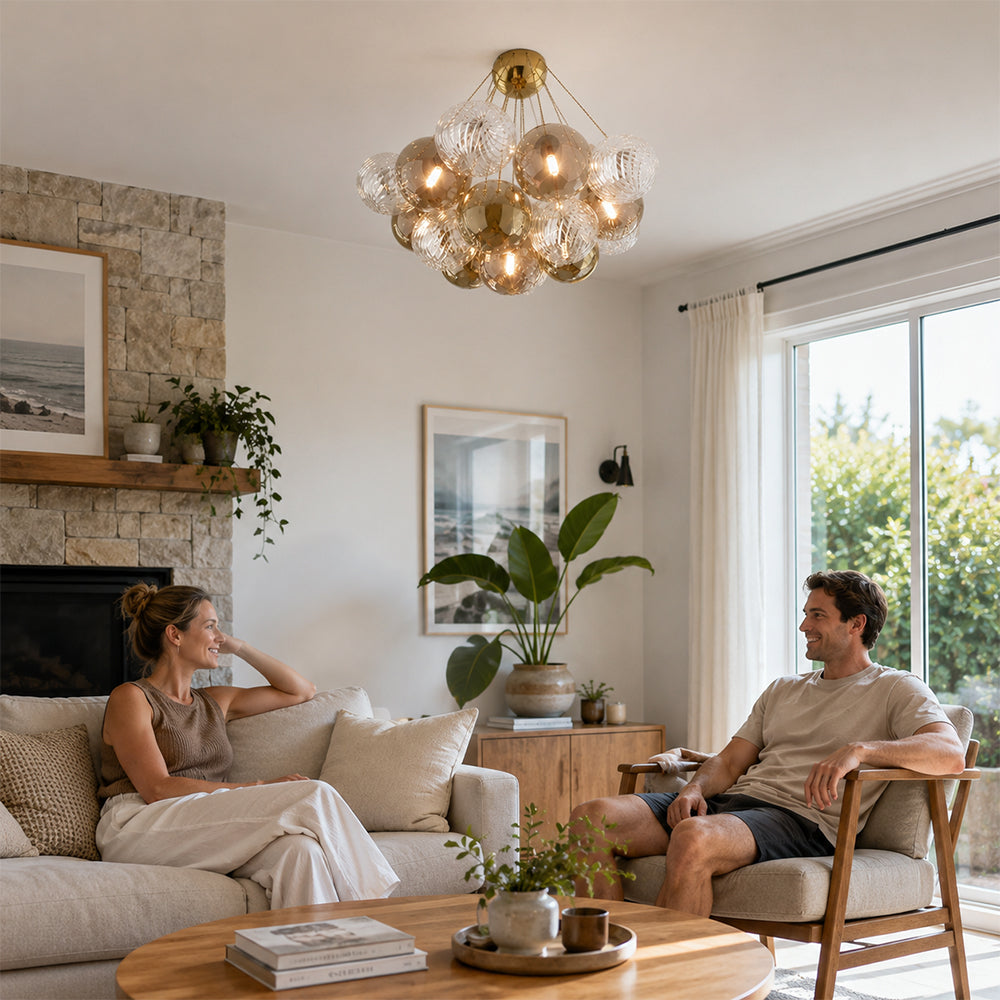 LIVARA 10-Light Bubble Glass Chandelier 65cm Adjustable Ceiling Light with 3-Colour Lighting for Living Room & Bedroom - Champagne