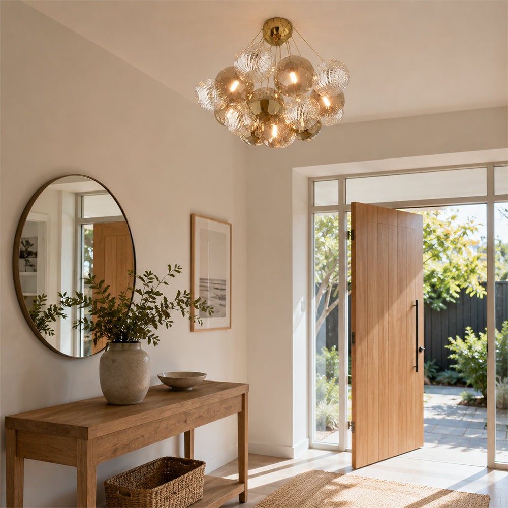 LIVARA 10-Light Bubble Glass Chandelier 65cm Adjustable Ceiling Light with 3-Colour Lighting for Living Room & Bedroom - Champagne