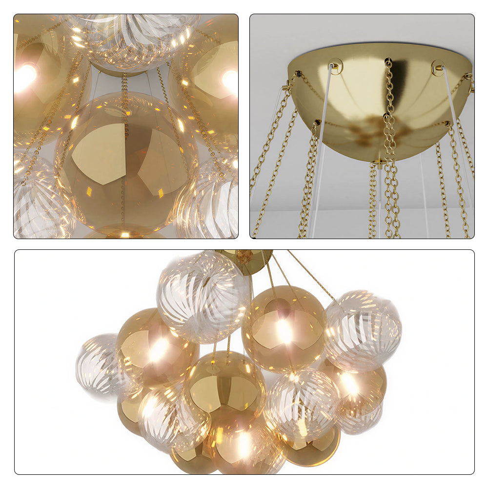 LIVARA 10-Light Bubble Glass Chandelier 65cm Adjustable Ceiling Light with 3-Colour Lighting for Living Room & Bedroom - Champagne