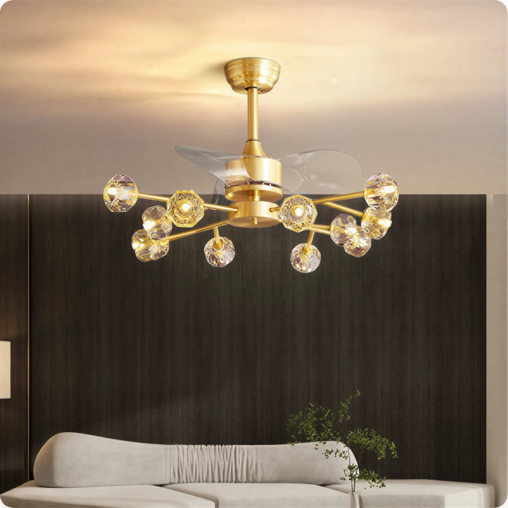 LIVARA 12-Light Crystal Branch Ceiling Fan Light Retractable Blades for Living Room Dining Room & Bedroom - Natural Brass