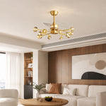 LIVARA 12-Light Crystal Branch Ceiling Fan Light Retractable Blades for Living Room Dining Room & Bedroom - Natural Brass