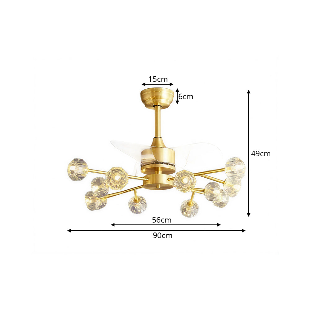 LIVARA 12-Light Crystal Branch Ceiling Fan Light Retractable Blades for Living Room Dining Room & Bedroom - Natural Brass