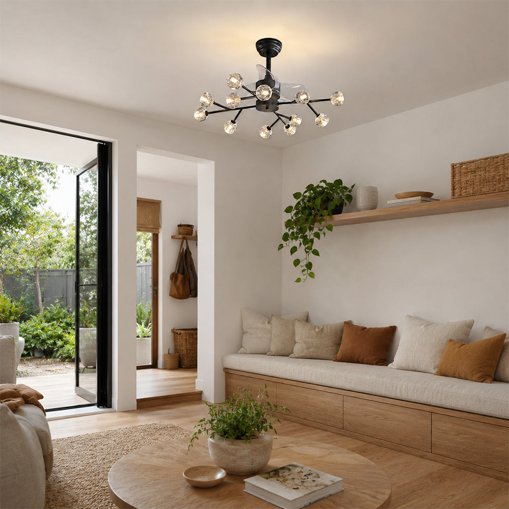 LIVARA 12-Light Crystal Branch Ceiling Fan Light Retractable Blades for Living Room Dining Room & Bedroom - Black & White