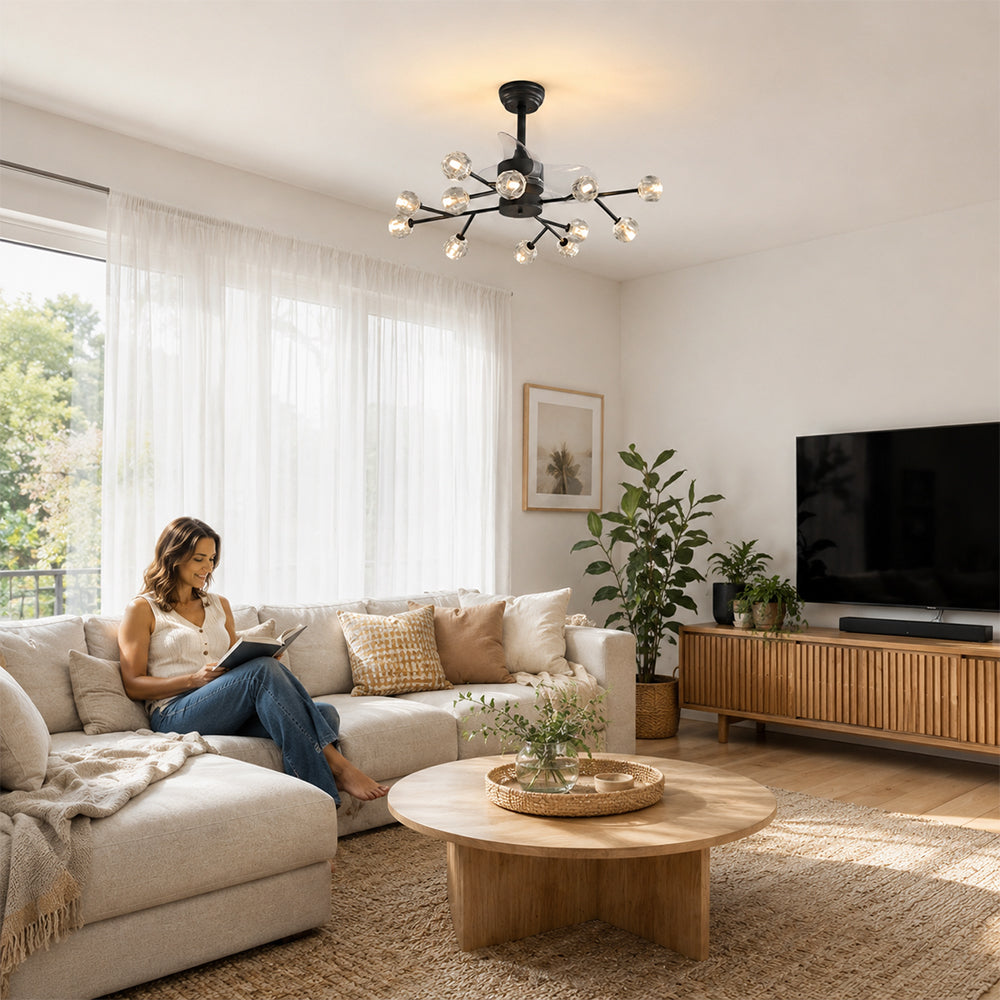 LIVARA 12-Light Crystal Branch Ceiling Fan Light Retractable Blades for Living Room Dining Room & Bedroom - Black & White