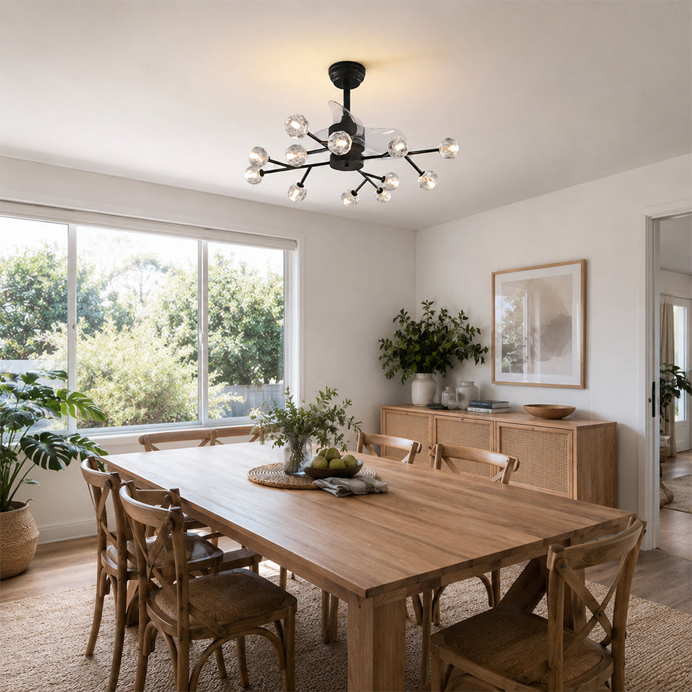 LIVARA 12-Light Crystal Branch Ceiling Fan Light Retractable Blades for Living Room Dining Room & Bedroom - Black & White