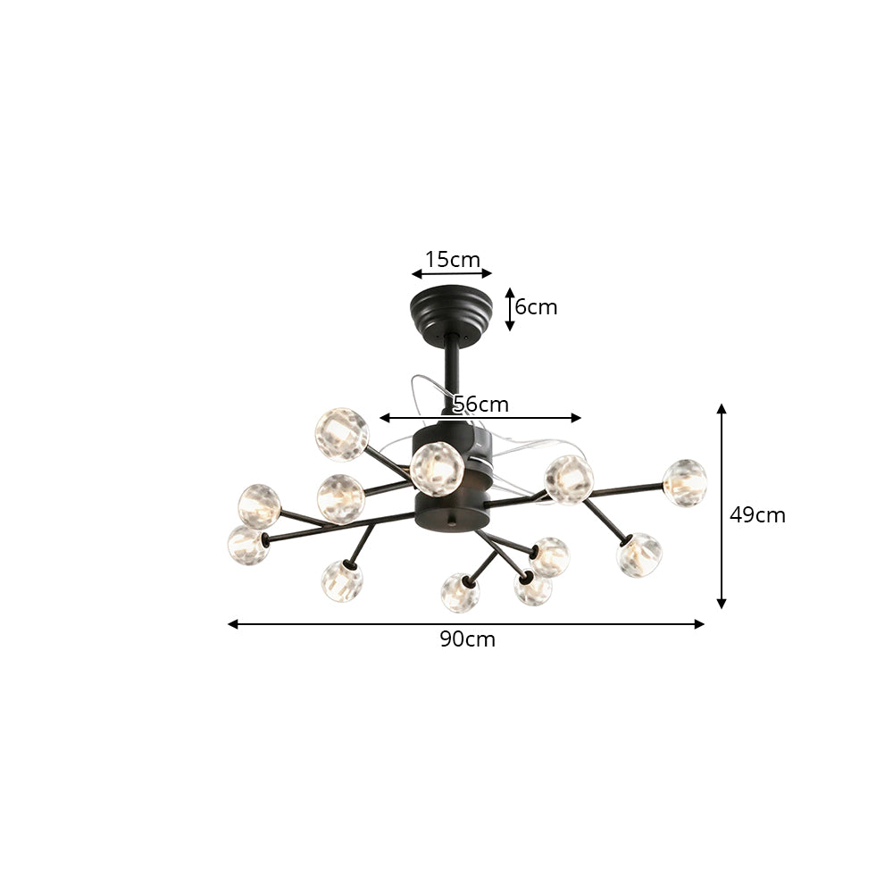 LIVARA 12-Light Crystal Branch Ceiling Fan Light Retractable Blades for Living Room Dining Room & Bedroom - Black & White
