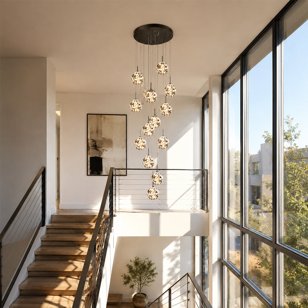 LIVARA 12-Light Glass Globe Cluster Pendant Light Neutral White for Stairwell Foyer & Living Room - Black