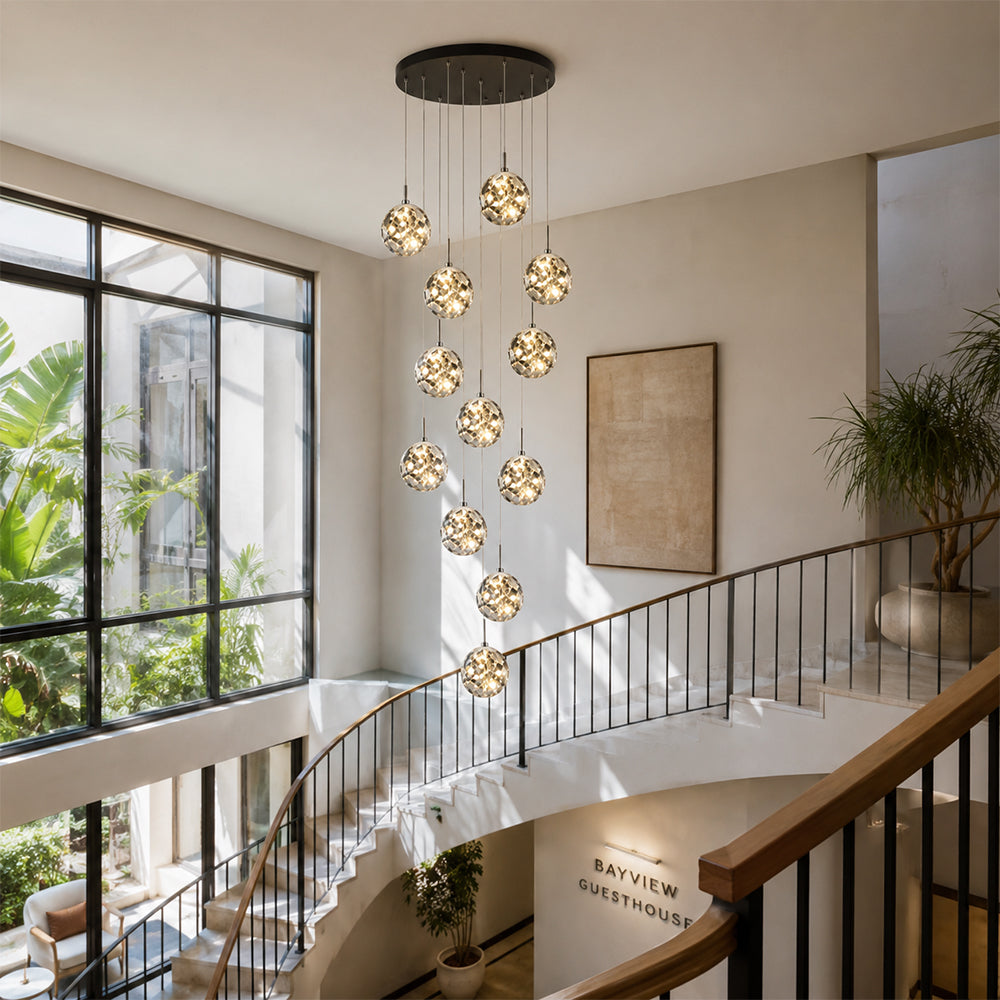 LIVARA 12-Light Glass Globe Cluster Pendant Light Neutral White for Stairwell Foyer & Living Room - Black