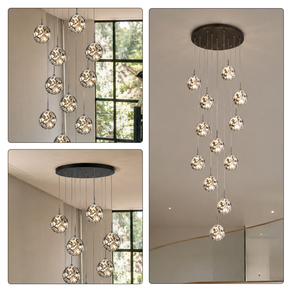 LIVARA 12-Light Glass Globe Cluster Pendant Light Neutral White for Stairwell Foyer & Living Room - Black