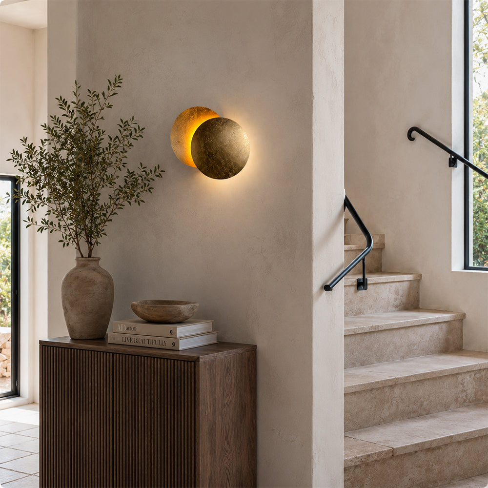 LIVARA Eclipse LED Wall Light Textured Double Disc Sconce for Bedroom Living Room & Hallway - Gold & Bronze