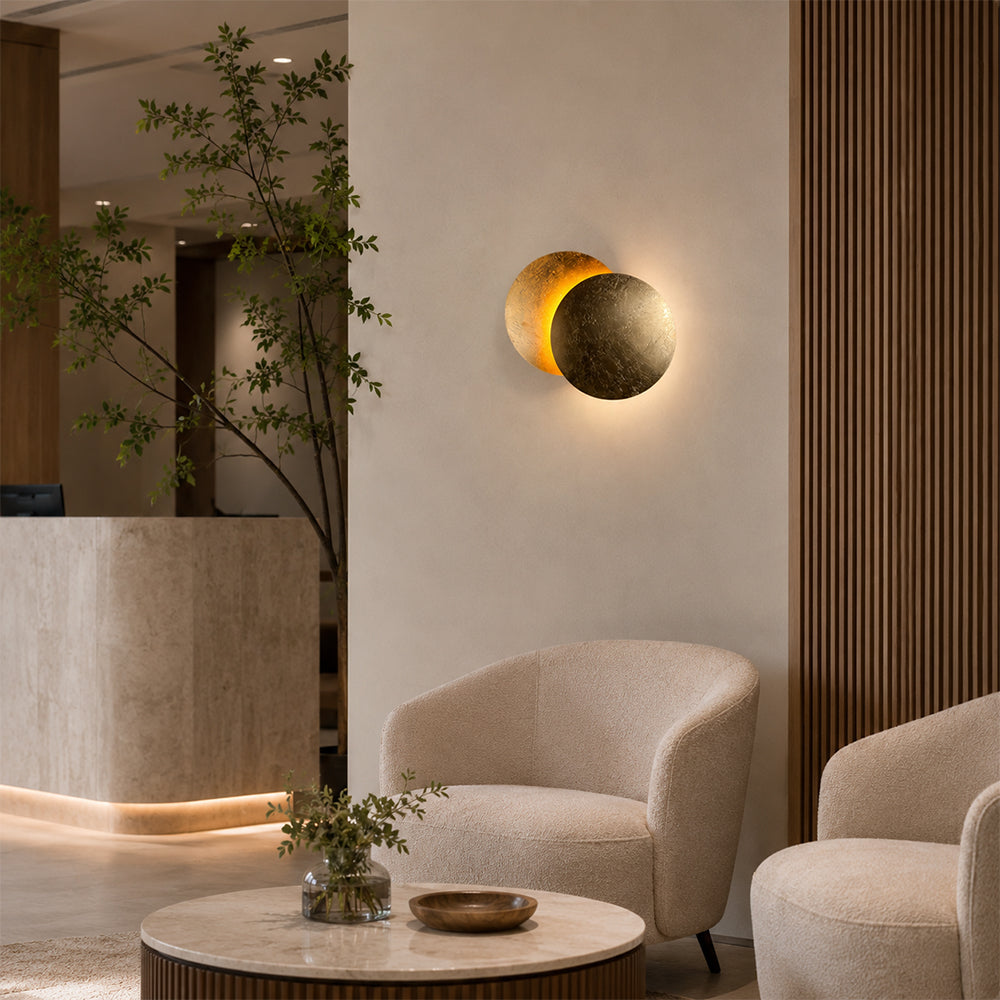 LIVARA Eclipse LED Wall Light Textured Double Disc Sconce for Bedroom Living Room & Hallway - Gold & Bronze