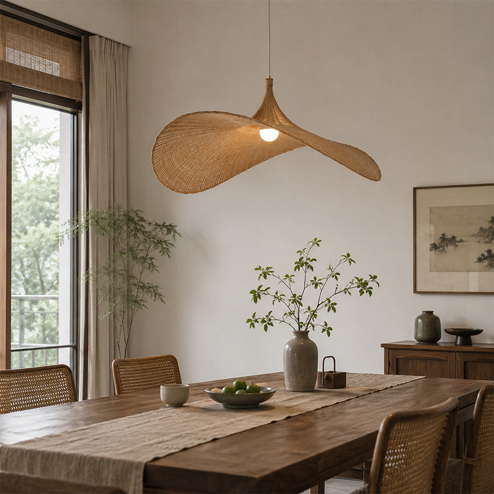 LIVARA Handwoven Rattan Wave Pendant Light Sculptural Hanging Lamp for Dining Room Living Room & Bedroom - Natural