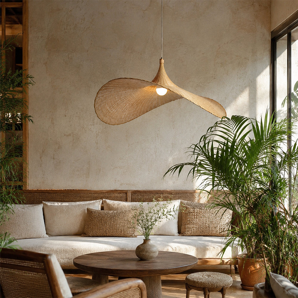 LIVARA Handwoven Rattan Wave Pendant Light Sculptural Hanging Lamp for Dining Room Living Room & Bedroom - Natural