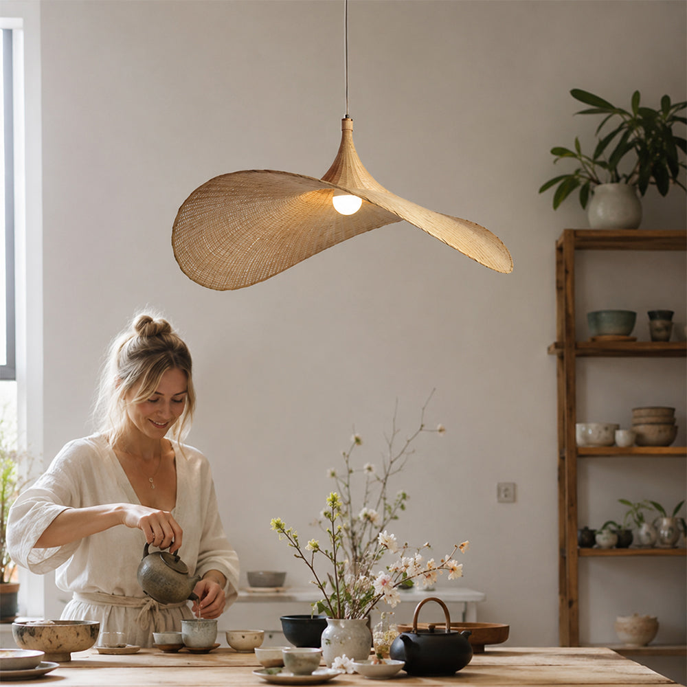 LIVARA Handwoven Rattan Wave Pendant Light Sculptural Hanging Lamp for Dining Room Living Room & Bedroom - Natural