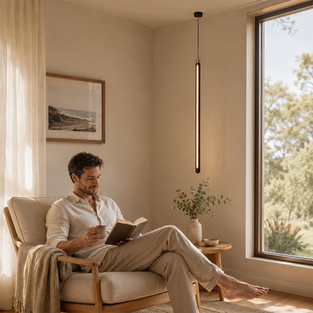 LIVARA Slim Linear LED Pendant Light Adjustable Tube Lamp for Stairwell Dining Room & Bedside - Black & Brass