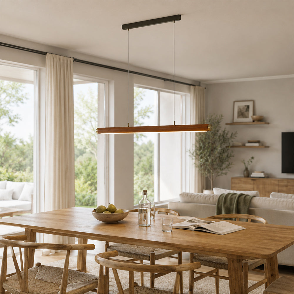 LIVARA 100cm Top Grain Leather Linear LED Pendant Light Warm White for Dining Room Kitchen Island & Office - Brown