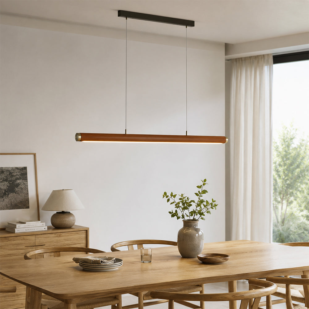 LIVARA 100cm Top Grain Leather Linear LED Pendant Light Warm White for Dining Room Kitchen Island & Office - Brown