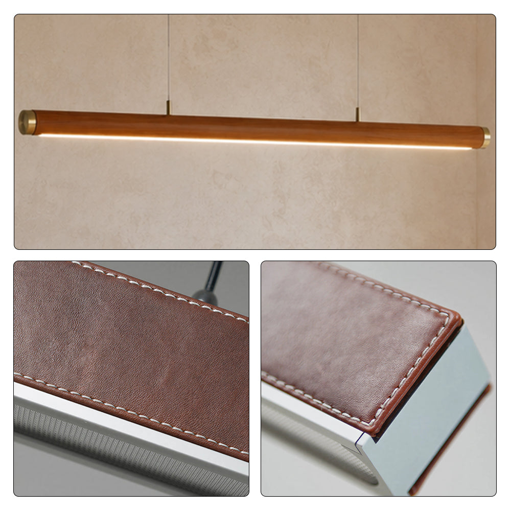 LIVARA 100cm Top Grain Leather Linear LED Pendant Light Warm White for Dining Room Kitchen Island & Office - Brown